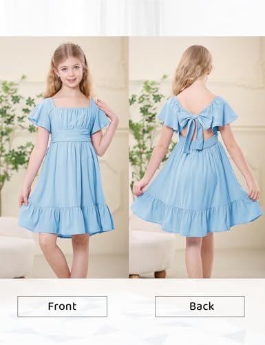 Durio Girls Summer Short Sleeve Dress Tie Back Off Shoulder Dresses for Teens Ruffle Tween Girls Dresses Size 6-16 Years2