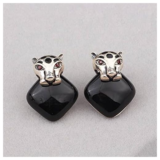 LOt Vintage S925 Silver Inläggningar Svart Agat Leopard Huvudet Mode Ear Stud Kvinnor 'ÖrhängenSom visat