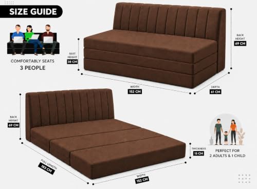 Image of Three Seater Sofa Bed, Velvet Fabric Foldable Sofa Cum Bed with Soft Foam Cushioning, Convertible Floor Couch for Living Room, Guest Room & Home Use (Brown, Pre-Assembled)