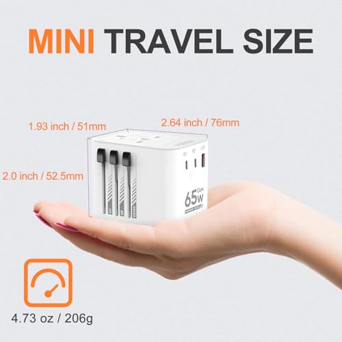 FDTEK Universal Travel Adapter, 65W International Universal Adapter European Laptop Travel Plug Adapter with 3 USB Ports (2 USB C) Worldwide Adapter for Europe UK AUS Asia Japan Covers 300+Countries