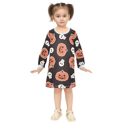 Pumpkin Skeleton Girls Dresses Long Sleeve Sweatshirt Dress for Girls Winter Toddler Casual A Line Dresses Size 2-8T4