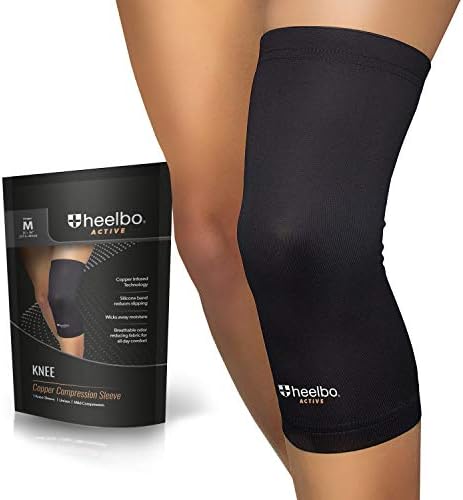 Heelbo Knee Compression Sleeve with Copper Infused Fibers and Breathable Fabric for Knee Pain Relief, Knee Support, Sore Muscles and Joints for Running, Jogging, Hiking or Arthritis, Black, Medium
