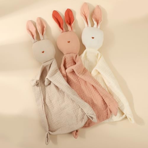 Image of insular Bunny Lovey Blanket for Boys and Girls, Organic Cotton Muslin Security Blanket for Babies, Soft Breathable Lovie Soothing Towel for Newborn and Infant, Beige