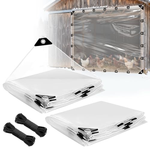 8x10ft Anti-Tear Clear Tarp Waterproof for Patio Winterizing - 2pcs Windproof Poly Tarpaulin, Heavy Duty Transparent Enclosure with Grommets for Covering Chicken Coops Greenhouse Garden Plants