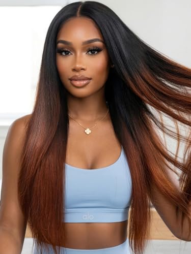 Image of KLAIYI Yaki Straight V Part Wig Human Hair Ombre Reddish Brown Upgrade U Part Wig with Dark Roots No Leave Out Drawstring Clip In Half Wigs Glueless 30S Ready to Wear and Go Beginner Friendly 22Inch
