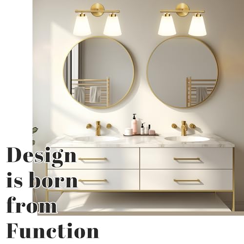 Image of Hamilyeah Gold Bathroom Vanity Light Fixture with Frosted Glass Shade, 2 Light Vanity Lighting Fixture Over Mirror, 2 Bulb Wall Lamps for Bathroom, Restroom, Living Room