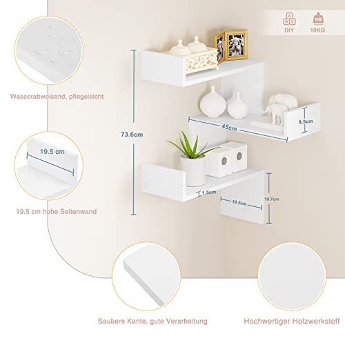 EUGAD Estanteria Pared de 3 Niveles, Estantes Flotants Decorativos, Baldas Flotantes Pared para Almacenamiento, Estanteria Pared Blanca Esquinera - imagen 3
