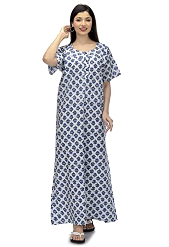 Indian Handicraft Palace Cotton WomenGirls Night GownNight WearNightyCasual Wear-03 White,One Size