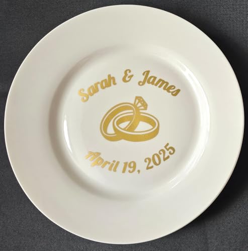 Custom New Bone China Plates, Personalize Bride and Groom Names and Date for Wedding or Engagement - Interlocking Wedding Rings Design (Metallic Gold, 10.25