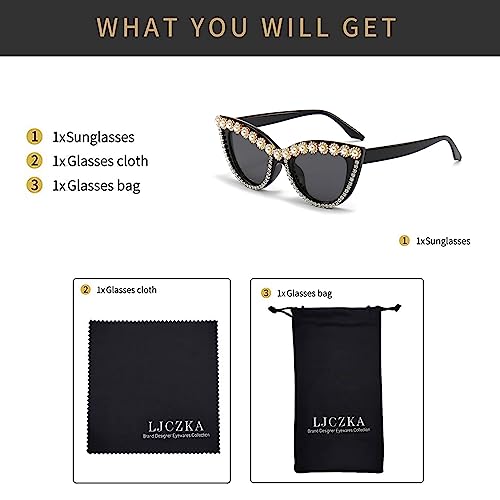Image of LJCZKA Diamond Cat Eye Sunglasses Women Retro Jeweled Rhinestone Sun Glasses Sparkle Crystal Pearl Luxury Bling Eyewear