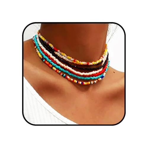 ACEDRE Boho Layered Beaded Necklaces Colorful Beads Choker Necklace Handmade Cute Chokers Set Beach Adjustable Neck Jewelry for Women(7PCS)