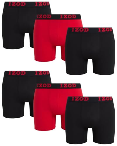IZOD Calzoncillos tipo bóxer para hombre, paquete de 6 unidades, ropa interior elástica suave para hombre con bolsa cómoda, paquete de bóxers transpirables para hombre (S-XL), Negro/Rojo
