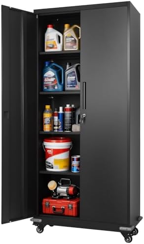 VEVOR Metal Storage Cabinet, 72.6 in Rolling Steel Garage Cabinet with 4 Adjustable Shelves, 2 Magnetic Doors & 2 Keys, 5 Tiers Lockable Tool Storage for Pantry, Warehouse, Basement, Office, Black