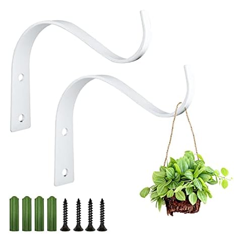 2 Pack Wall Hanging Flower Pot Support Bracket Hook, 4.5 Inch Bending S Shape Wall Hanging Basket Brackets, Iron Wall Hooks Hanging Basket Hooks Plant Hanger for Planter Lantern Basket Cover