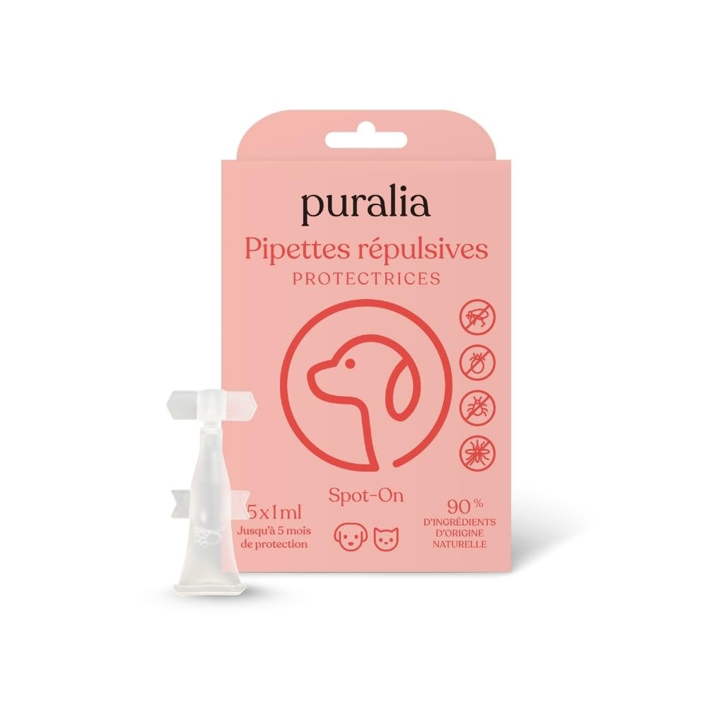5 Pipettes Répulsives Spot-on de 1ml - pour Chiens, Chats et Petits Animaux - Anti Puces, Tiques, Moustiques - Margousier, Lavande et Citronnelle - Plus de 90% d'origine Naturelle