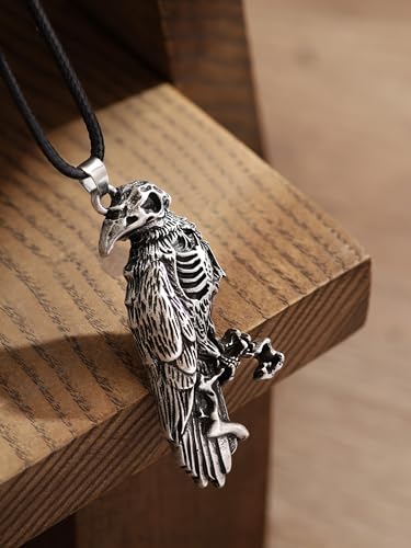 HAQUIL Raven Skull Necklace, Gothic Witchy Raven Bird Skeleton Skull Pendant, Faux Leather Cord, Goth Jewelry Gift3