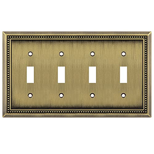 Image of Henne Bery Sunken Pearls Heavy Duty Decorative Wall Plate Switch Plate Outlet Cover (Quad Toggle, Antique Brass)