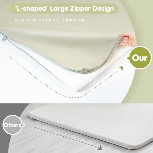 PIIKAGO Padded Baby Play Mat, Super Soft Vegan Leather Baby Floor Play Mat, 48x48 Non-Slip Thick Foam Cushioned Play Mat for Babies 6-12 Months, Fits Nicely Into 50x50 Playpen Mat, Grayish Green - Thumbnail 5