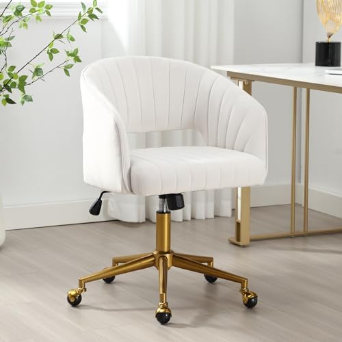 Desk Chair with Wheels, Gold Base, Velvet Accent Vanity Armchair, Off-White