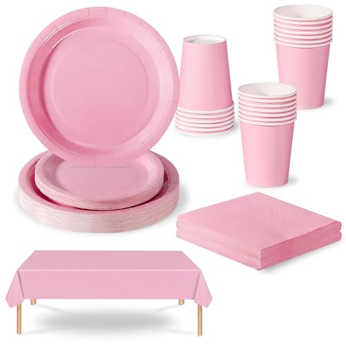 69 peças rosa pratos descartáveis conjunto de louça descartável decoração aniversário festa, pratos guardanapos copo de papel e toalha de mesa, para casamentos, piqueniques, Baby Shower, biodegradável