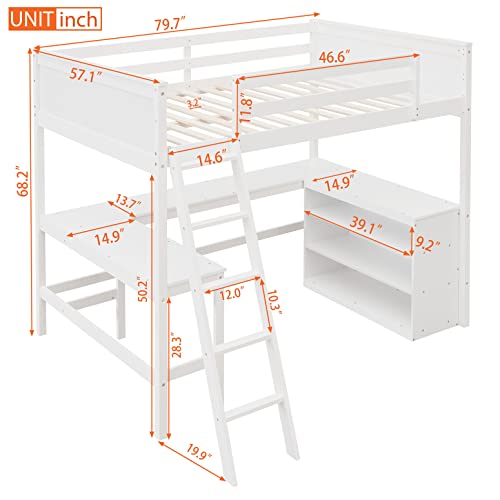 Full Loft Bed With Desk And Storage Shelves Bookcase Wood High Loft Bed Frame For Dorm, Full Size Loft Beds For Kids Adults Boys Girls Teens, White #TOP1