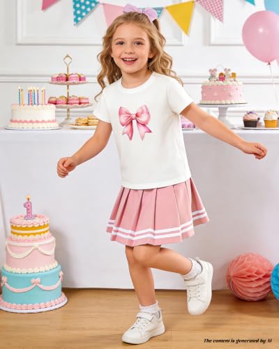 Image of Betusline Girls Skirt Set JK School Uniform 2-Piece Outfit - Short Sleeve & Webbing Solid Skirt,4-14Y