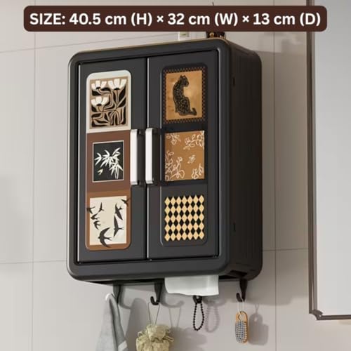 Image of Homero Vintage Wall Mounted Storage Cabinet with Hooks | Multipurpose Bathroom, Kitchen & Home Organizer | Waterproof, Dustproof Double Door Wall Storage Box | No Drill Installation