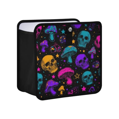 Image of Car Trash Can Organizer Bin with Adjustable Strap for Back Front Seat Console Waterproof Leakproof Collapsible Portable 8.66 Inch Neon-colored Skulls Stars Mushrooms