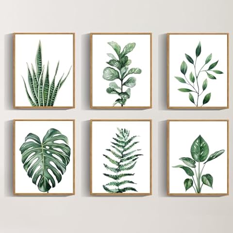 Drsoum Botanical Canvas Framed Wall Art Watercolor Green Leaf Tropical Plant Art Prints Boho Decor for Bedroom Bathroom Kitchen Home Office Decorations 8"x 10"x 6pcs Cover