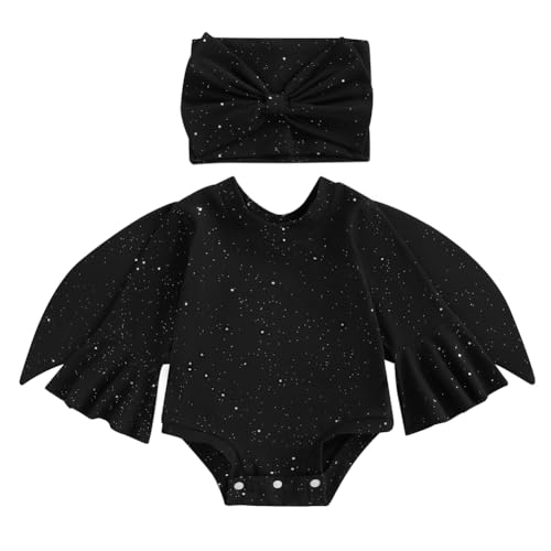 Image of Canis Infant Baby Girls Halloween Costume Black Bat Flared Long Sleeve Romper and Wings Headband 3pcs Outfit Set