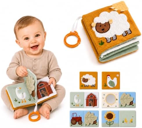 let's make Baby Sensorisches Stoffbuch Baby Spielzeug ab 0 3 6 12 Monate - Interaktive Fühlbuch Knisterbuch mit Spiegel Rassel, Kinderwagenspielzeug Baby Geschenk Junge Mädchen (Sc