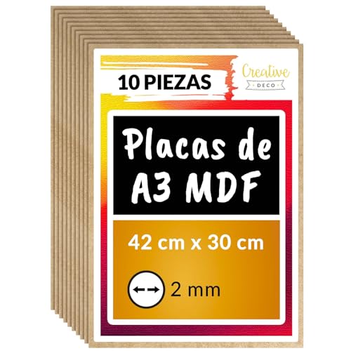 Creative Deco 10 x A3 MDF Tablero Madera | 420 x 300 x 2 mm | Perfecto para Corte por Laser, CNC Router, Modelado, Calado, Bricolaje, Manualidades
