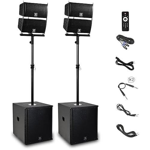 RECK 6000W P.M.P.O Stereo 15-inch Powered PA Speaker System DJ Combo Set, 4 Line Array Speakers and Two 15 inch Subwoofers with Bluetooth/USB/SD Card/Remote Control for Party DJ Wedding Meeting