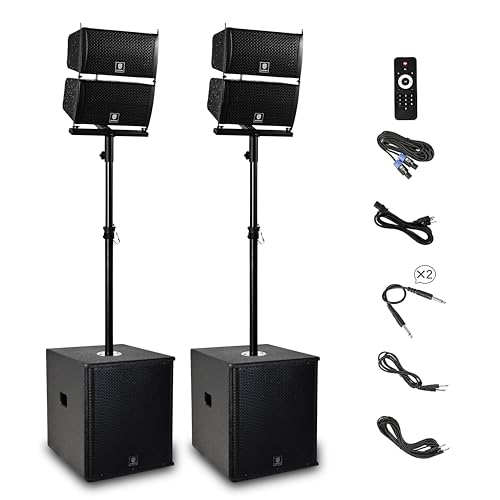 RECK 6000W P.M.P.O Stereo 15-inch Powered PA Speaker System DJ Combo Set, 4 Line Array Speakers and