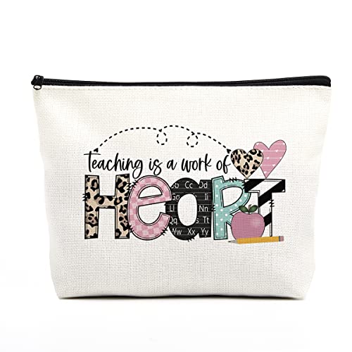 fkovcdy Teacher Makeup Bag & Gifts - Daycare & Funny Birthday/Christmas Gift Toiletry Bag Zipper Pouch - Teaching is a Work of Heart