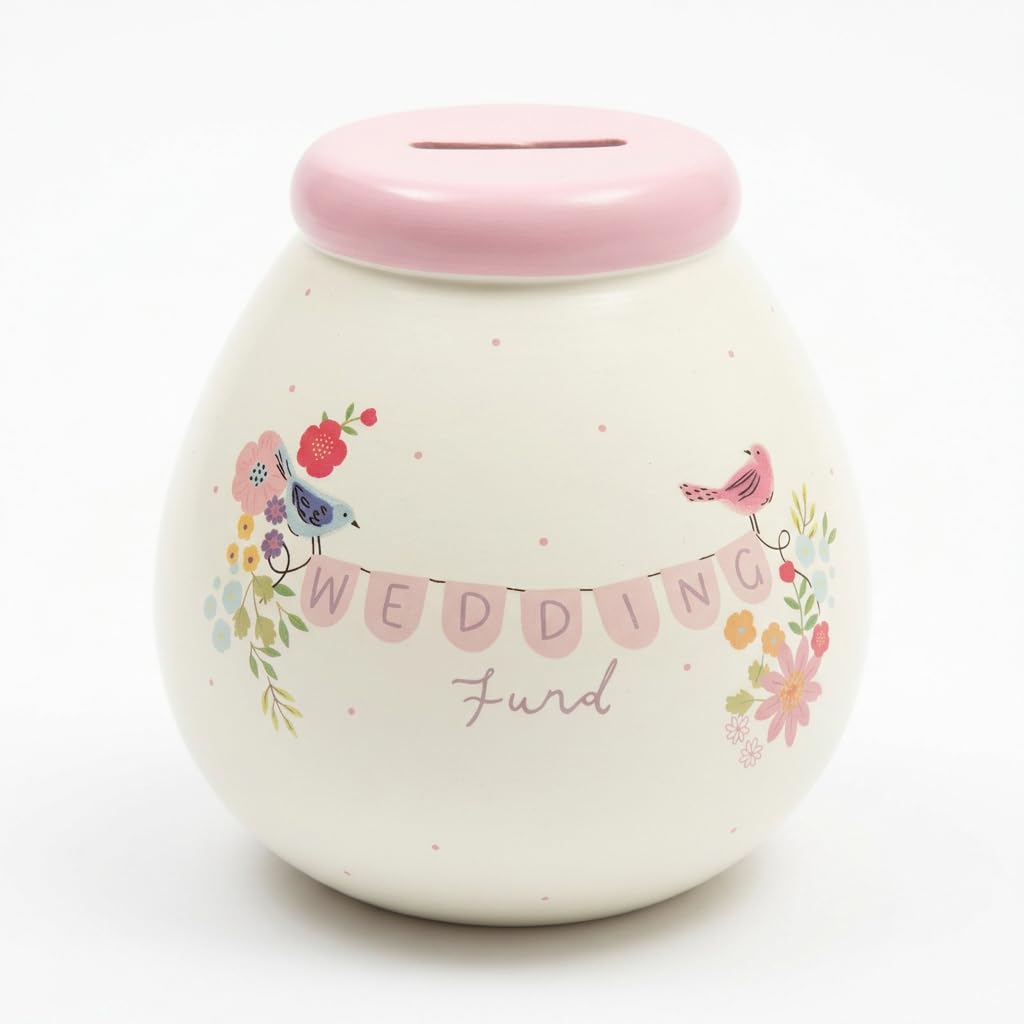 Pot of Dreams Wedding Fund Money Pot – Hand Painted Ceramic Savings Jar, Break to Open Piggy Bank Alternative, Holds up to £1000 in £2 Coins, Wedding Gift Idea