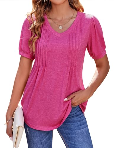 Zeagoo Puff Sleeve Tops for Women Ligthweight V Neck Summer Tshirt Pleated Flattering Business Tunic Blouse Hot Pink