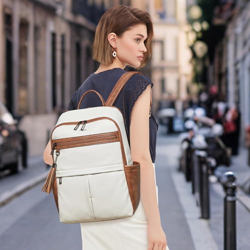 Leather Laptop Backpack for Women, 15.6" Causal Daypack Backpacks Purse Computer Backpack with Laptop Compartment for Travel Work College Business, Beige Brown2