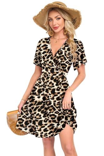 AUSELILY Damen Kleid Sommer Strandkleid Rüschenärmeln V-Ausschnitt Elastischer Taille und Taschen Swing Urlaubskleid Leopard Schwarz XL 5