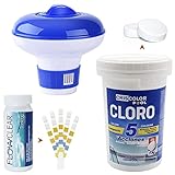 💦 COMPOSICIÓN:Cubo de 1 kg de Pastillas de Cloro de 200g + Dosificador para Pastillas de Cloro de 200g + Test Medidor de Cloro, pH y Cal con 50 Tiras