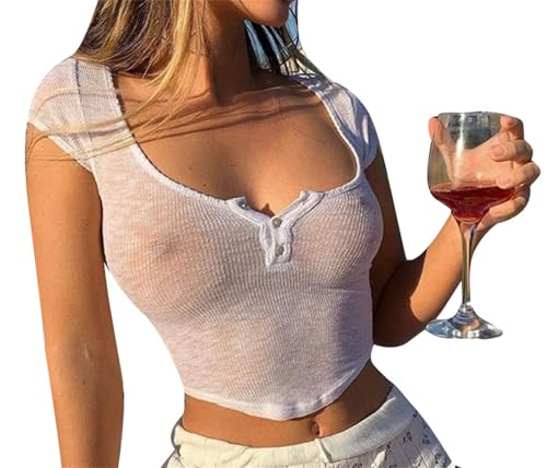 Women Sexy Transparent T-Shirt Top Y2k Girls Short Sleeve See Through Baby Tee Crop Tops Cute Summer Shirt (White, M)