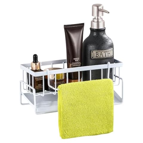 YISMAN Sink Holder for Sponge, Dish Brush, Soap, Scrubber, Dishcloth, No Punching,with Detachable Hanging Rod,White Cover