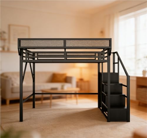 LCNDKF Full Size Metal Loft Bed with Storage Stairs, Modern High Bed Frame with Full Mesh Safety Guardrail, Space-Saving Loft Bed for Bedroom Dorm Apartment, No Box Spring Needed, Black