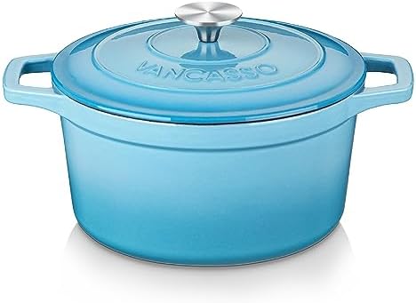 vancasso Cast Iron Pot, 3 Liters Round Shallow Casserole Dish with Lid, Natural Non-Stick Slow Cook Enameled Cast Iron Dutch Oven, Blue Exterior with Cream Interior, 28cm