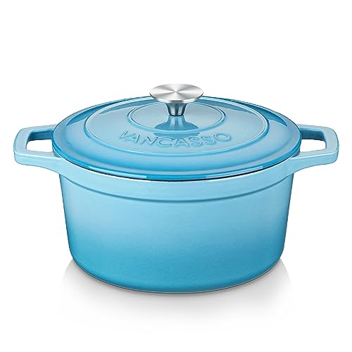 vancasso Olla de Hierro Fundido, 26 cm / 5 Litros Horno Holandés Hierro Fundido Esmaltado con Tapa Redonda de Acero Inoxidable para Cocina Estofado, Paella, Freír, Asar, Saltear - Azul