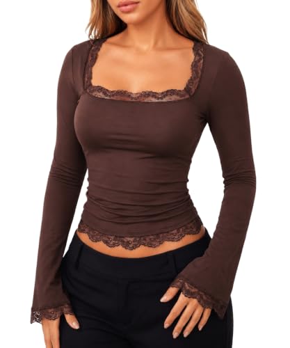 Image of Navneet Women Square Neck Going Out Tops Bell Sleeve Lace Top Brown