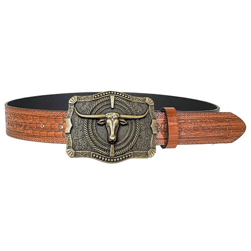IZUS Men's Bull-Head Western-Belt Retro Cowboy-Belts with Longhorn-Bull-Engraved Square-Alloy-Buckle PU-Leather Waist-Strap3