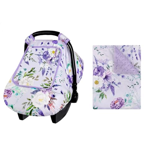 Image of CARUILI Baby Blanket & Infant Car Seat Insert, Baby Car Seat Head Support, Warm Infant Blankets, Purple Floral