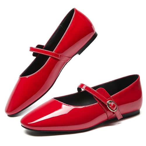 Women's Mary Jane Flats Comfortable Round Toe Red Ballet Flats Buckle Slip on Dressy Shoes Casual Office Party