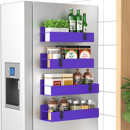 Image of HuggieGems 4 Pack Magnetic Spice Storage Rack Organizer for Refrigerator and Oven, Purple Fridge Organizers and Storage | Magnetic Shelves Heavy Duty for Fridge in Kitchen, Seasoning Storage Organizer, For Oven Washer and Dryer, For Heavier Items